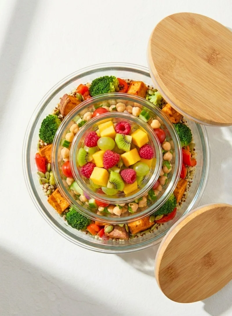 1Chase Round Borosilicate Round Glass Food Storage Containers with Bamboo Lids, 3 Sizes 400ML 650ML 1000ML, Airtight BPA-Free Meal Prep & Lunch Boxes, Reusable Plastic-Free Containers  | Best Price UAE